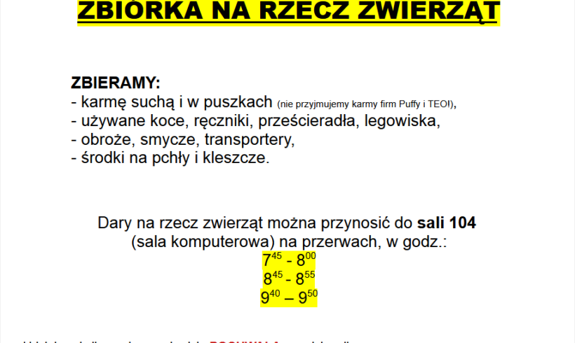 Akcja charytatywna “Wspomóż psiaka i kociaka”